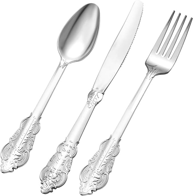 150PCS Silver Plastic Silverware for 50 Guests, Heavy Duty Silver Disposable Utensils Sets, Inclu... | Amazon (US)