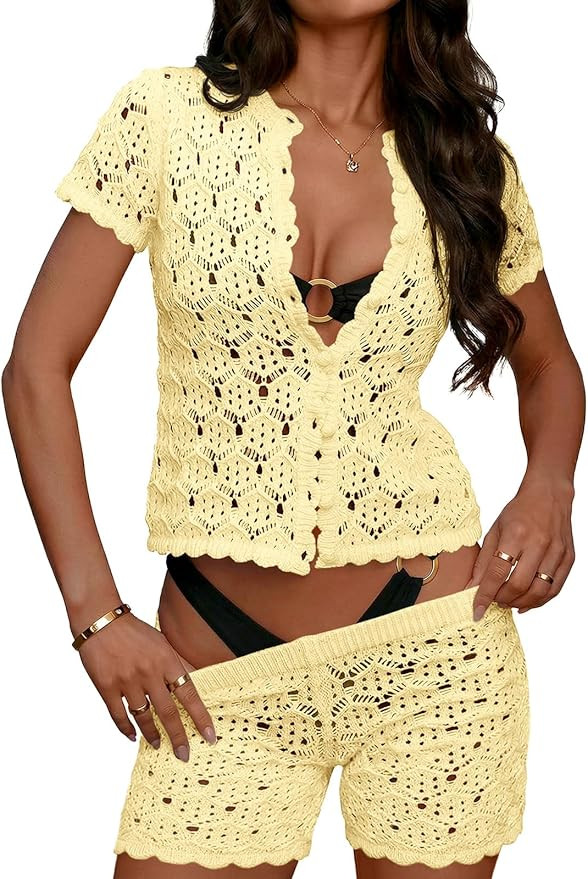 Fisoew Womens Crochet Coverups 2 Piece Outfits Short Sleeve Button Crop Tops Beach Shorts Summer ... | Amazon (US)