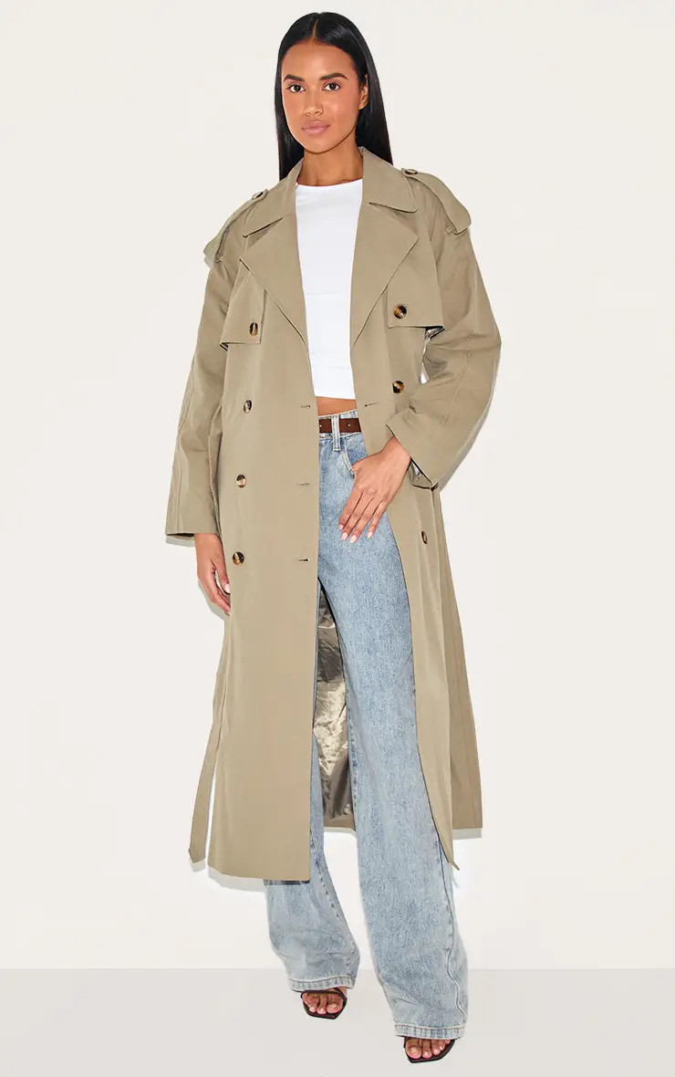 Khaki Belted Double Breasted Trench Coat | PrettyLittleThing AU | Pretty Little Thing (Australia & New Zealand)