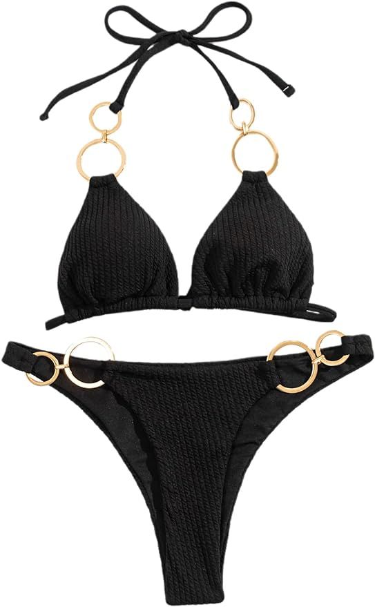 GORGLITTER Women's Ring Swimsuit Triangle Halter Tops High Cut Thong Bikini Set Ribbed Knit Bathi... | Amazon (US)