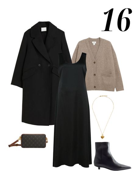 Black satin midi dress, black wool coat, brown/beige cardigan, gold heart necklace, brown print bag, black ankle boots

#LTKstyletip