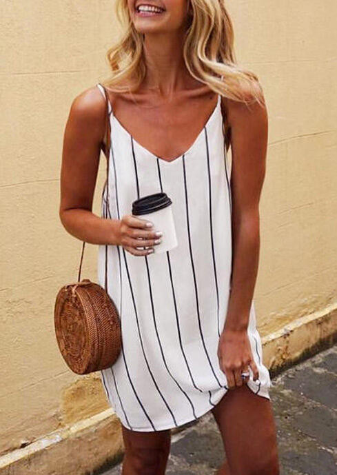 Striped Spaghetti Strap Mini Dress - White - Bellelily | Bellelily