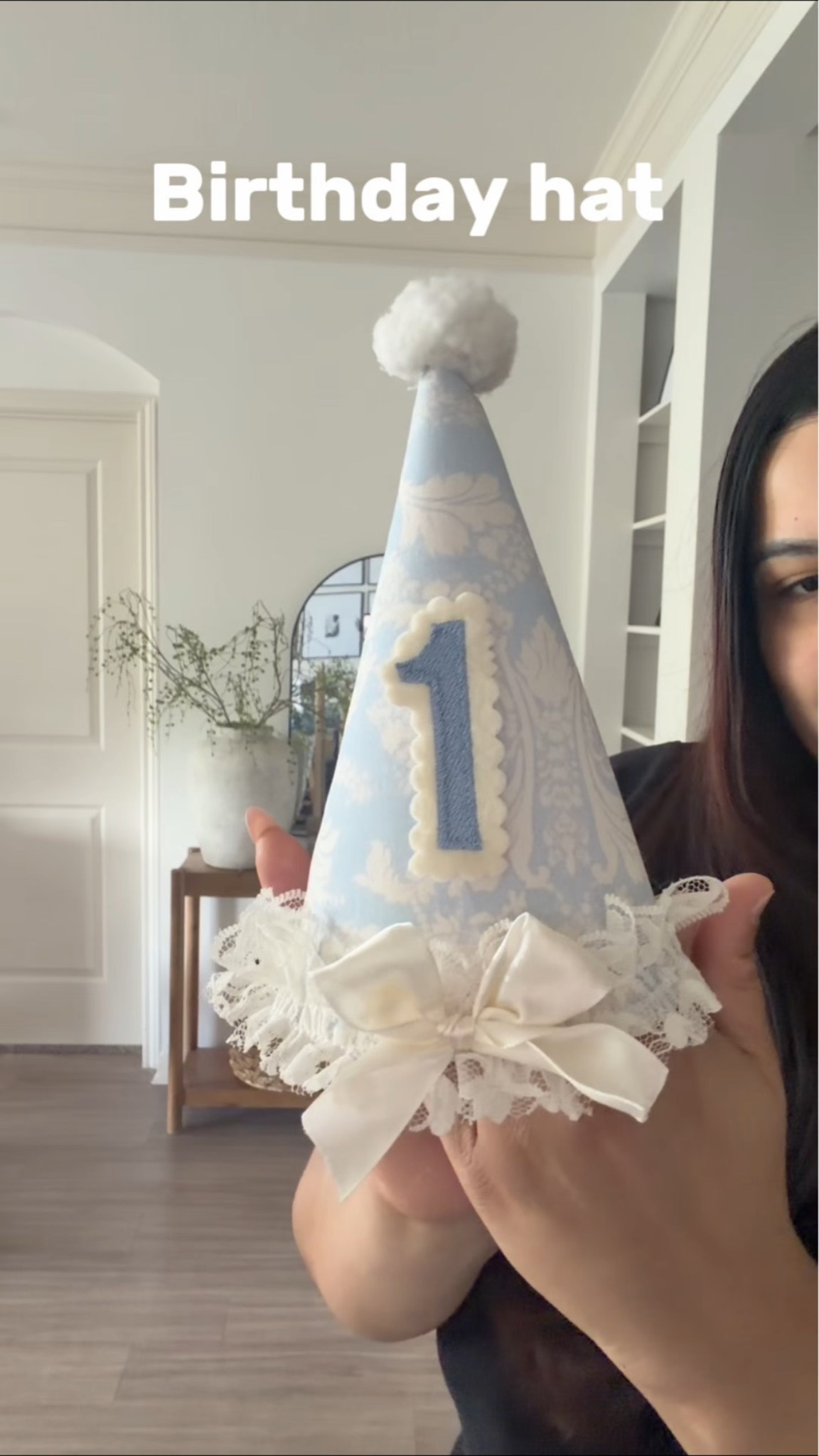 Here is everything I used to create this party hat. I also used the same fabric for the mini party hats I made for my daughter’s stuffies. Lastly, I did use my embroidery machine to embroider the felt with a ‘1,’ but I’m sure there are similar embroidered patches that can be used to recreate the look. #birthdaypartydecor #diybirthdaydecor #firstbirthday