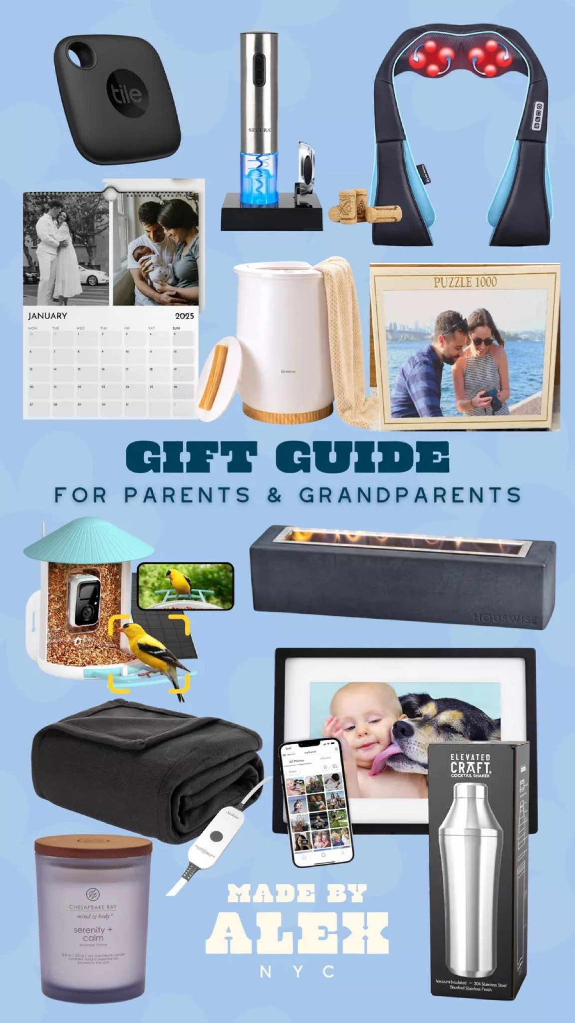 Gift Guide for Parents and Grandparents! gift guide - parents gifts - grandparents gifts - christmas gift - holiday gift guide - candle - massager - picture frame - bird feeder - blanket - cocktail shaker



#LTKHoliday #LTKGiftGuide #LTKSeasonal
