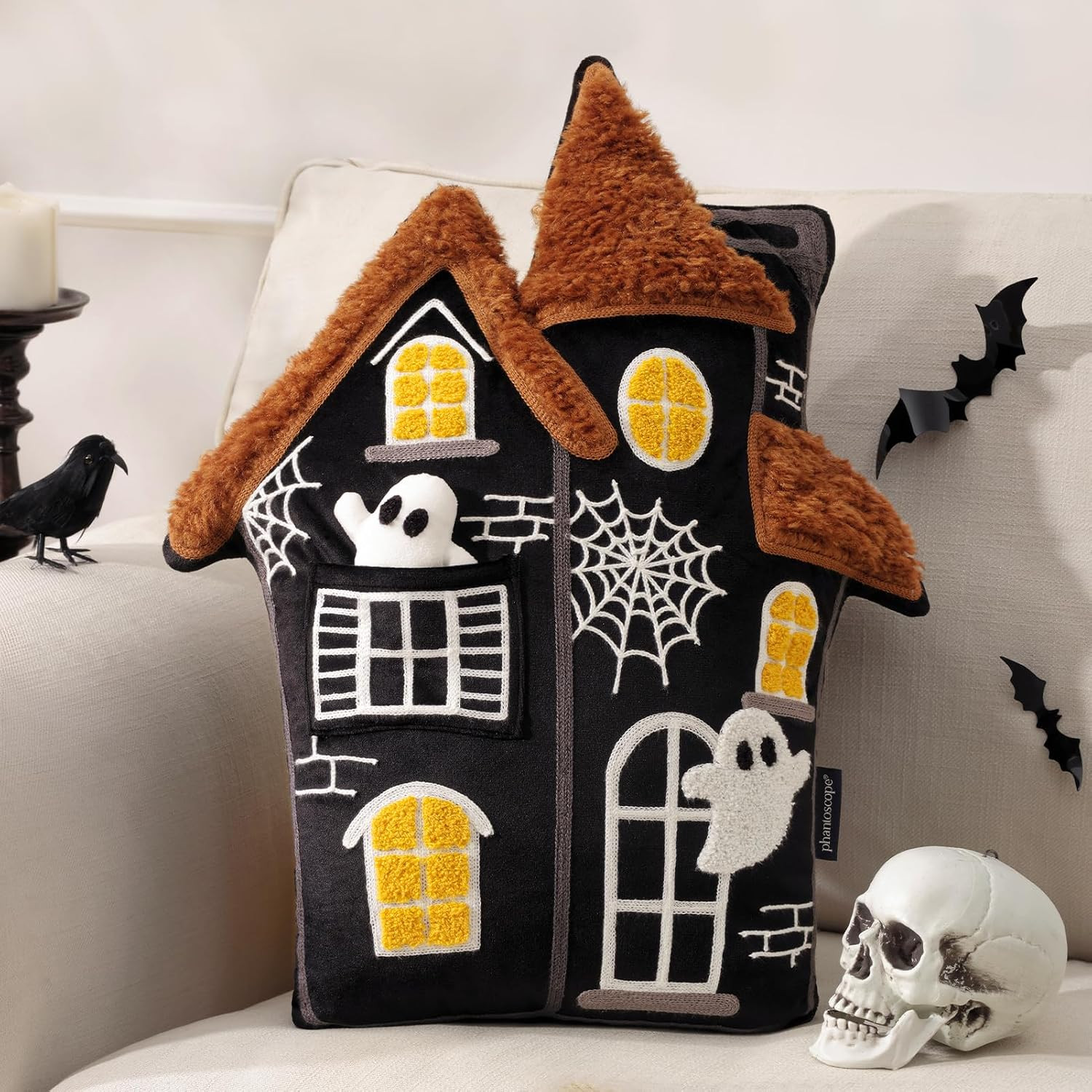 Phantoscope Happy Halloween Shaped Throw Pillow, Velvet Haunted House Shaped Pillow with 3D Ghost... | Amazon (US)