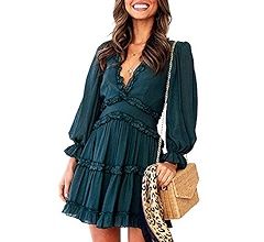 Happy Sailed Womens Fashion Spring Summer Deep V Neck Long Sleeve Ruffle Layer A-Line Swing Mini ... | Amazon (US)