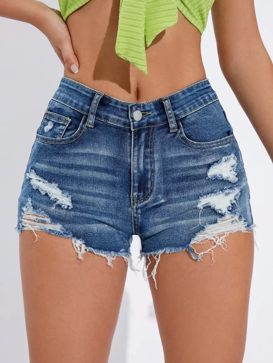 SHEIN Essnce Ripped Raw Trim Denim Shorts | SHEIN