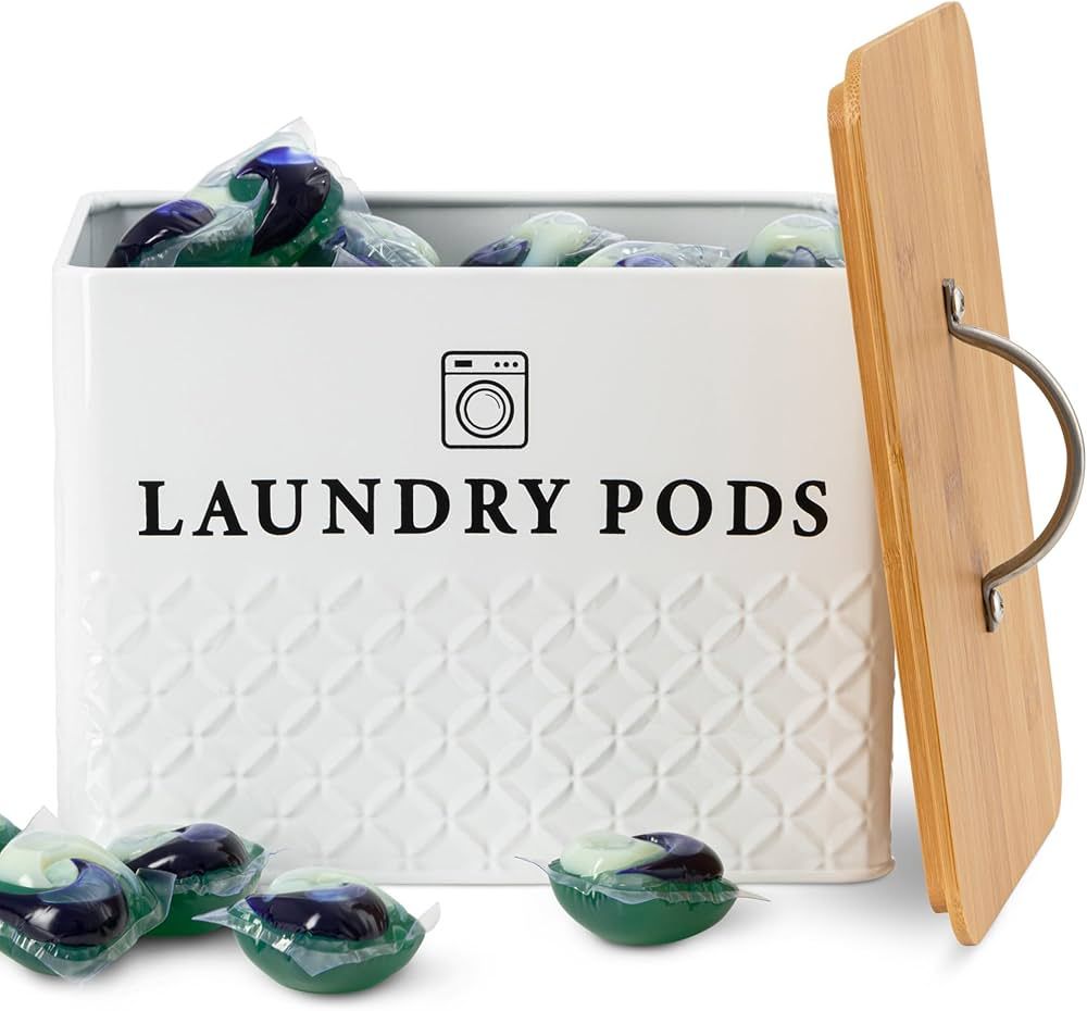 Laundry Pod Container With Bamboo Lid – Metal Laundry Pod Holder - Laundry Pod Storage Tin Hold... | Amazon (US)