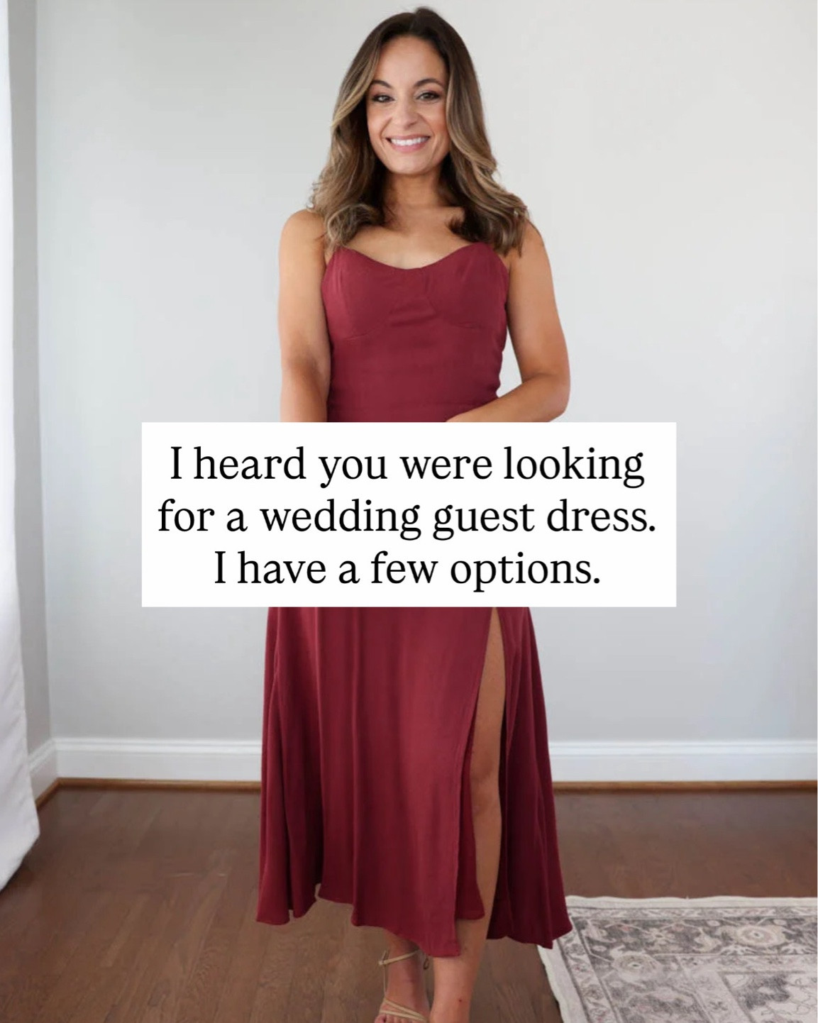 I heard you were looking for a few wedding guest dress ideas! 

Crepe Red Dress (Quince): xs 
Pleated Dress (ASTR): xs 
Blush dress (WAYF): xs 
Printed floral dress (Anthropologie): petite xxs