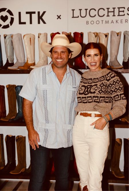 We are big Lucchese fans so it was exciting to partner with them for the LTKcon kickoff party. As you can see, Lucchese sells directly in the LTK app so you place your order here and they ship it out! 
Bax wore his guayabera - your guy really needs one if you don’t have one yet - and I wore my new sweater. I’m so proud of it and can’t wait to wear it all winter. Next weekend it starts getting pretty cold at our ranch so I’ll be ready! 

#LTKCon #LTKworkwear #LTKtravel