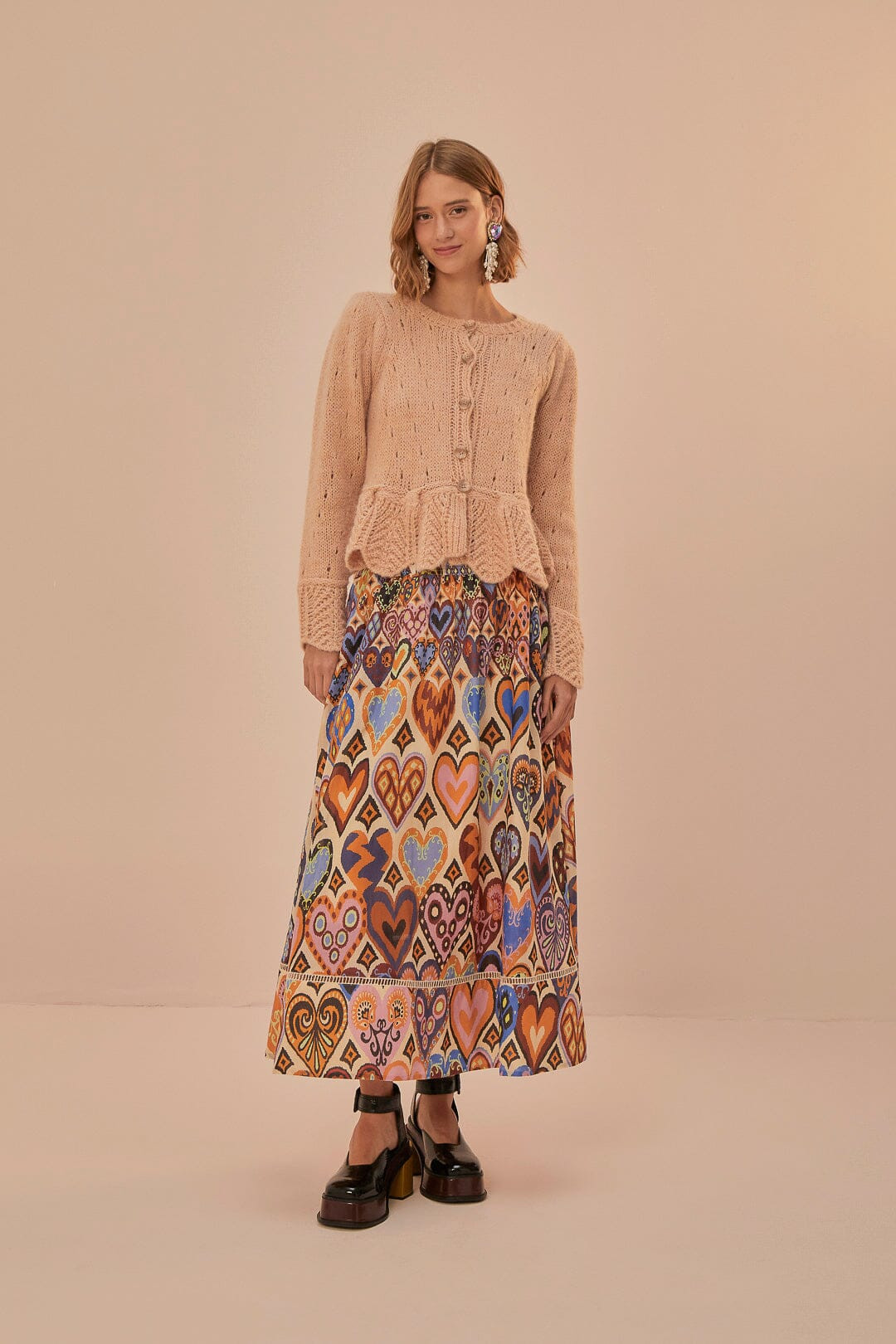 Cream Hearts Ikat Midi Skirt | FarmRio (US)