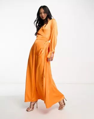 Never Fully Dressed satin wrap midaxi dress in vibrant orange | ASOS (Global)