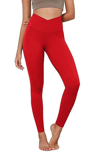 ODODOS Women's Cross Waist Full Length Yoga Leggings with Inner Pocket, Inseam 28" Gathered Crossover Workout Yoga Pants, Red, Small | Amazon (US)