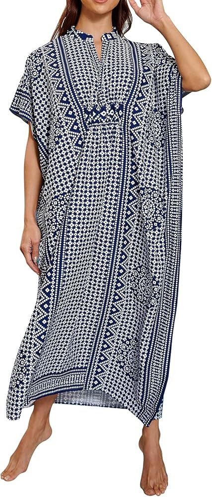 Hoperay Swimsuit Cover Ups for Women Beach Dresses, GreenEmbroidered Caftans Long Sleeve Floral P... | Amazon (US)