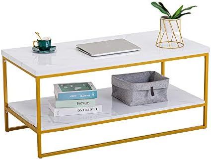 Bonnlo Faux Marble Coffee Table, 41.7" Marble Coffee Table White and Gold Coffee Table Marble Top Co | Amazon (US)