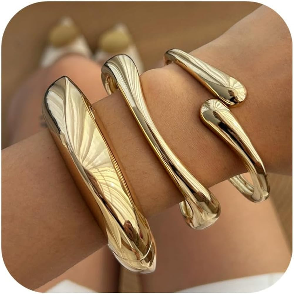 Chunky Gold Bangle Bracelets for Women Trendy Stack Cuff Bracelet Irregular Statement Fashion Min... | Amazon (US)