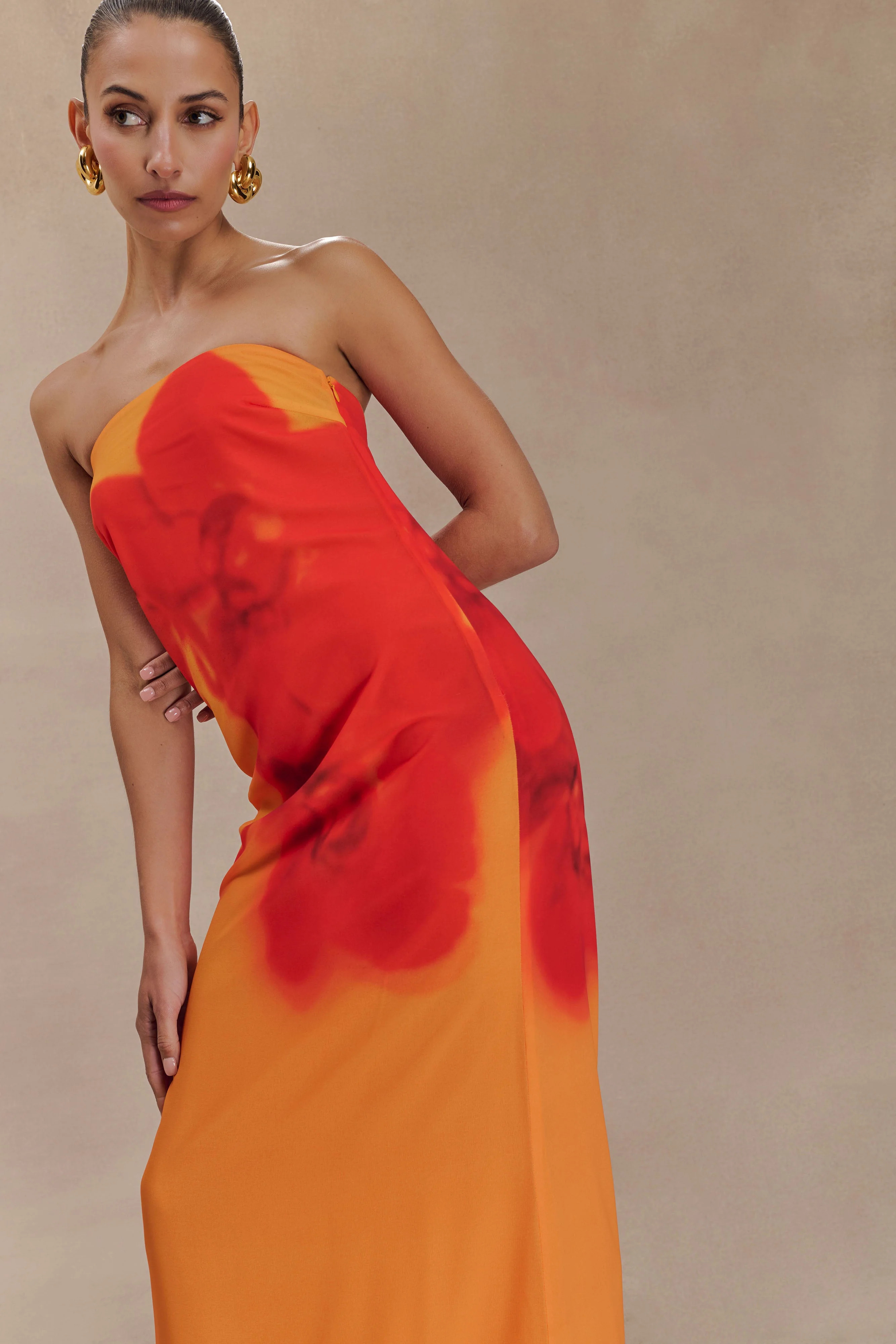 Amaya Strapless Chiffon Maxi Dress - Koi Orchid Print | MESHKI US