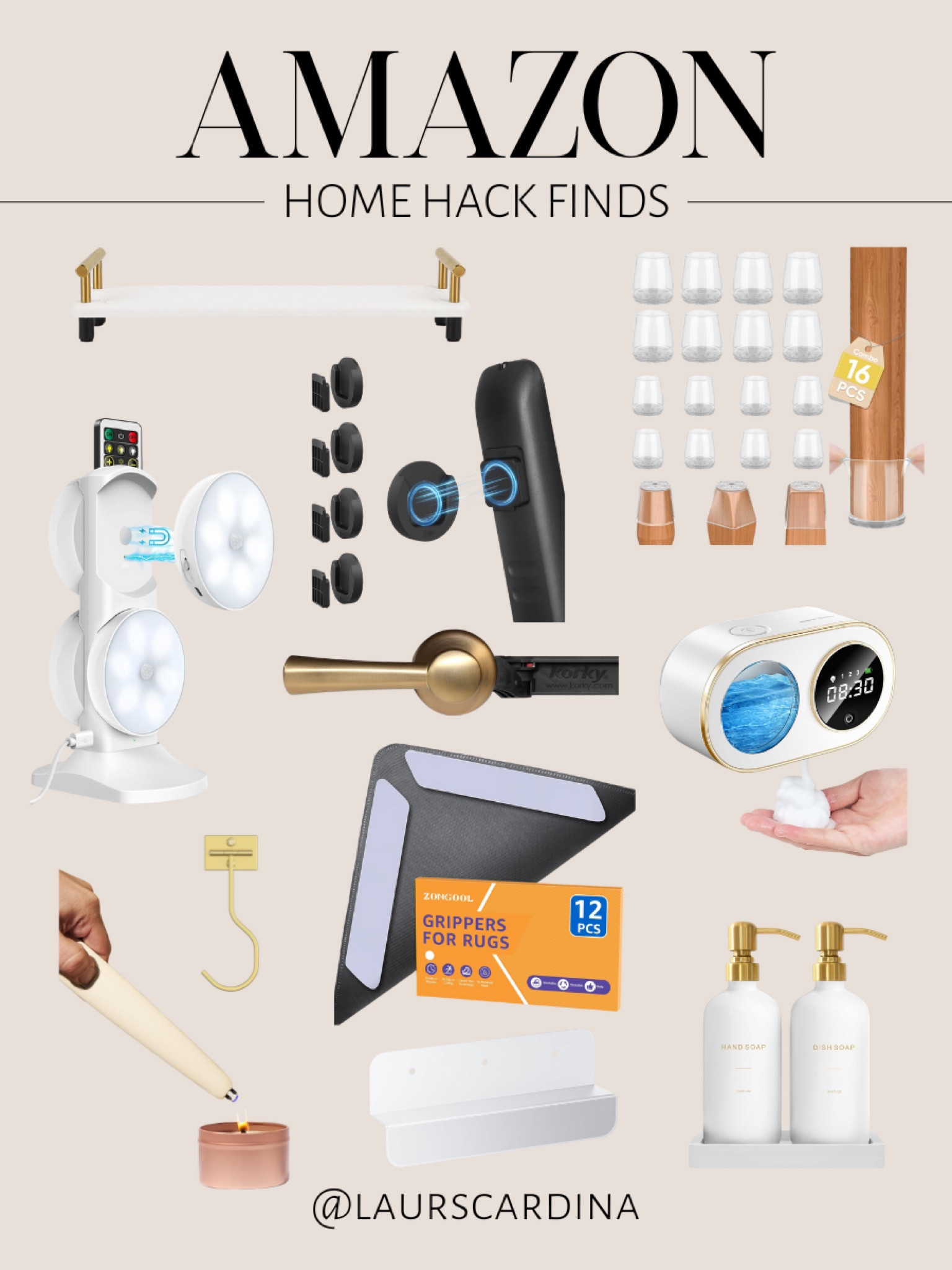 Amazon home hack finds include a tray, a set of silicone chair floor protectors, LED puck lights, remote control wall mounts, a toilet tank lever, soap dispenser, USB lighter, banana hanger, rug tape, soap dispenser, and a cabinet foot pull.

Home decor, kitchen decor, bathroom decor, amazon home

#LTKStyleTip #LTKHome #LTKFindsUnder50