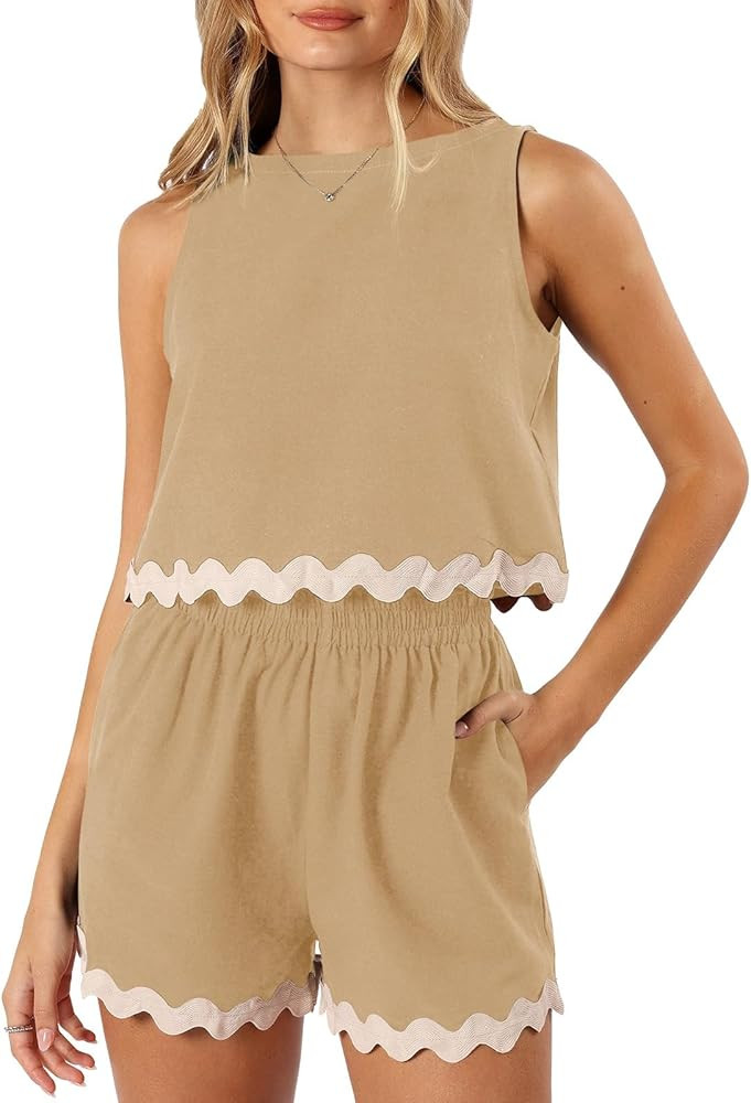 Tankaneo Womens 2 Piece Vacation Outfits Lounge Sets Casual Cropped Tank Tops Shorts Matching Set | Amazon (US)