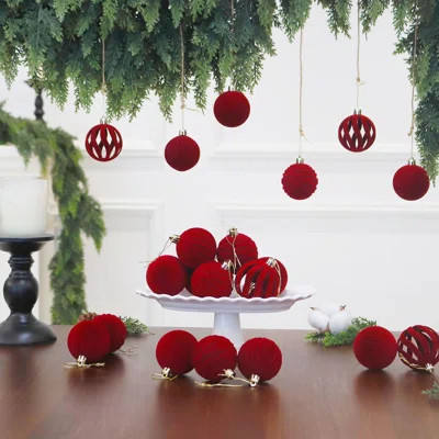 12 Pcs 3.15 Inch Burgundy Velvet Christmas Ornaments – Flocked Plastic Hanging Balls for Xmas Tree Holiday Decor | Wayfair North America