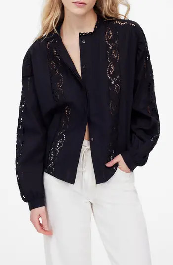 Madewell Lace Inset Pintuck Button-Up Shirt in Jet Black at Nordstrom Rack, Size Small | Nordstrom Rack