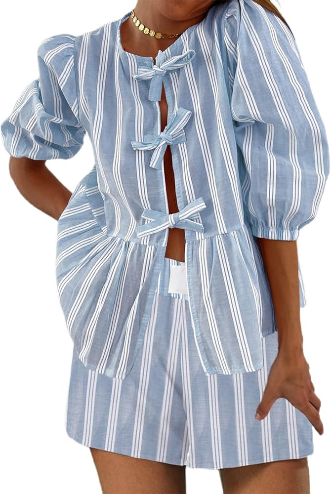 Women Striped Lounge Sets 2 Piece Casual Pajamas Set Short Puff Sleeve Tie front Shirt Striped Bo... | Amazon (US)