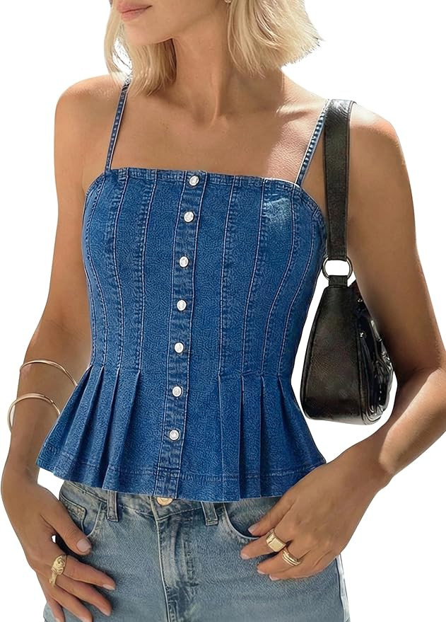 Denim Vest Sleeveless Jean Vest Top for Women Spaghetti Straps Casual Tank Denim Top Summer Cami ... | Amazon (US)