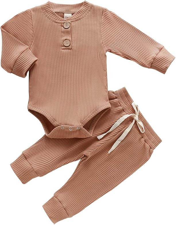 Aweyoo Newborn Baby Boy Girl Clothes Unisex Solid Cotton Long Sleeve Knitted Ribbed Romper & Pant... | Amazon (US)
