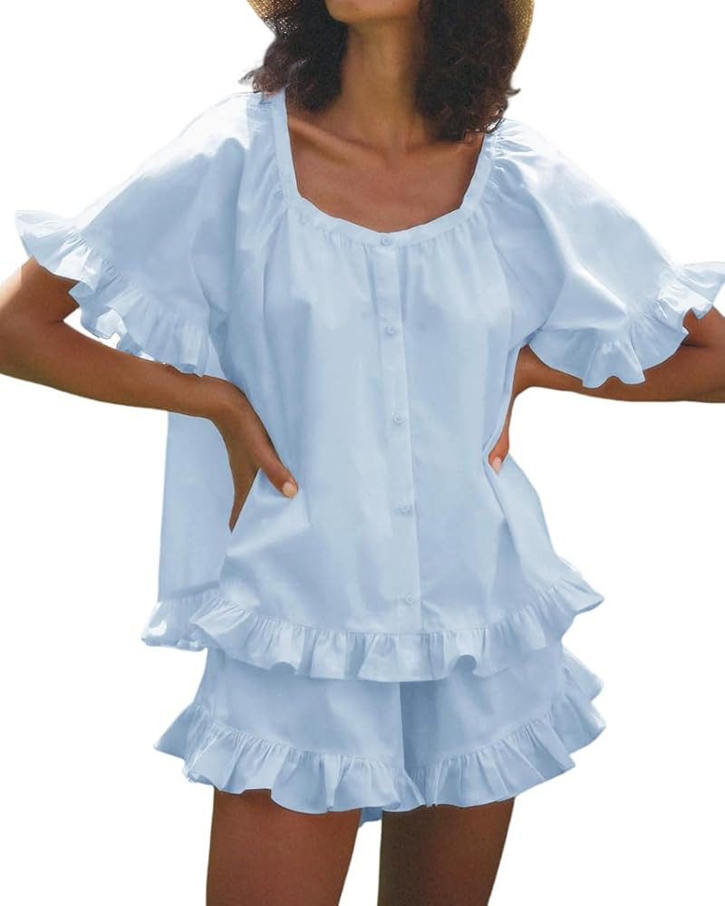Womens Fashion Summer Short Sets Short Sleeve Button Down Ruffle Trim Top and Shorts Cotton Pajam... | Amazon (US)