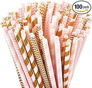 ALINK Biodegradable Paper Straws, 100 Pink Straws / Gold Straws for Party Supplies, Birthday, Wed... | Amazon (US)