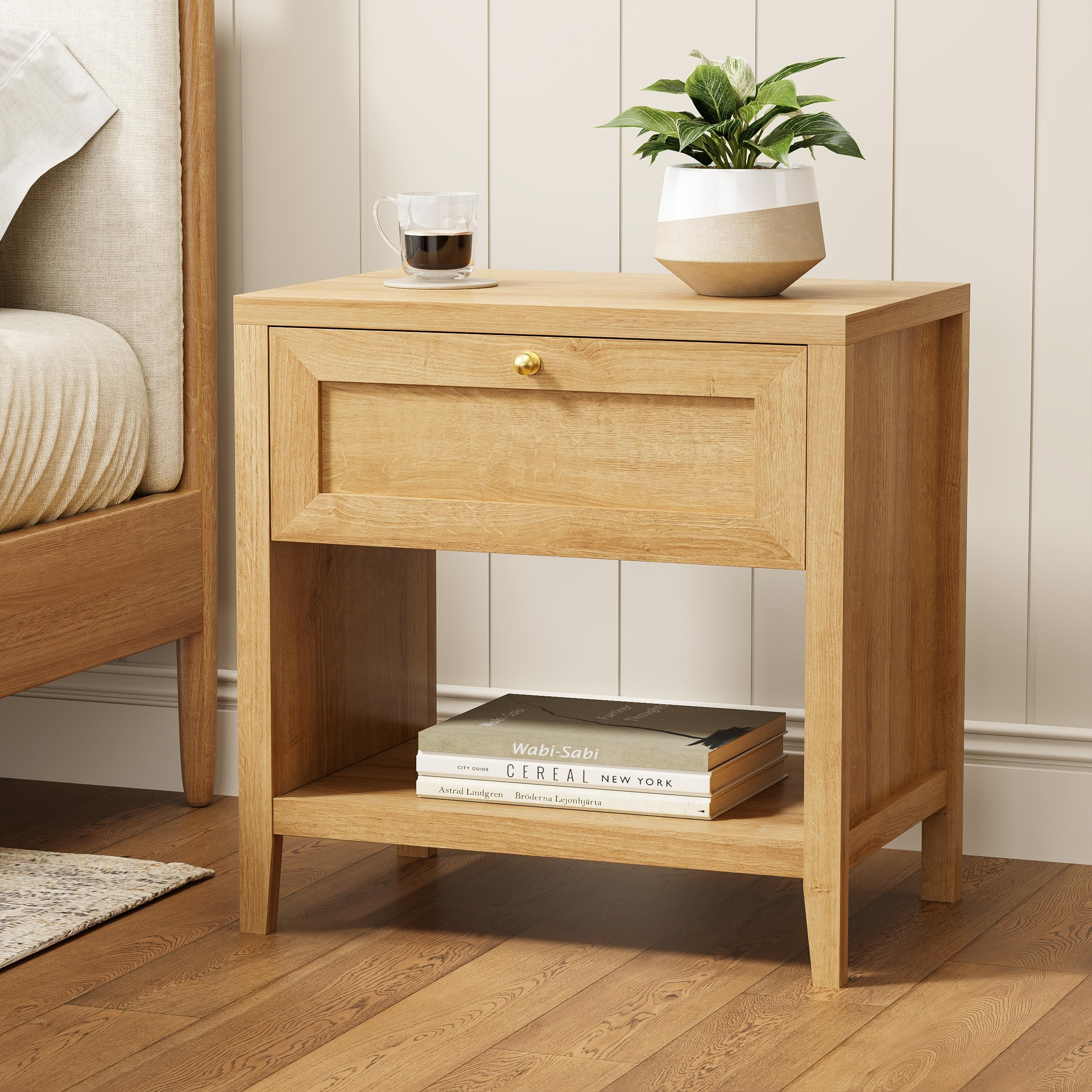Nightstand with Storage Drawer, Farmhouse Large Bedside End Table with Open Shelf, Modern Wood Ni... | Amazon (US)