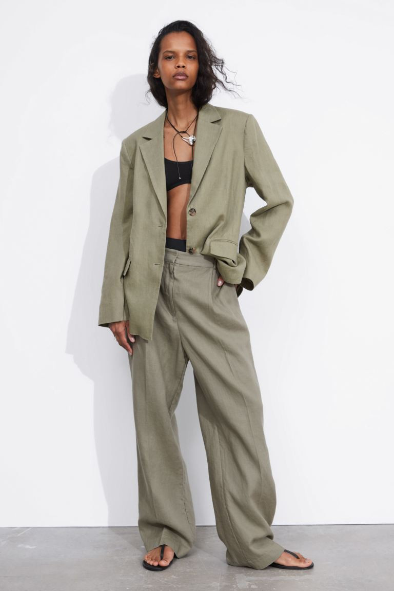 Fitted Linen Blazer - Khaki - Ladies | H&M GB | H&M (UK, MY, IN, SG, PH, TW, HK)