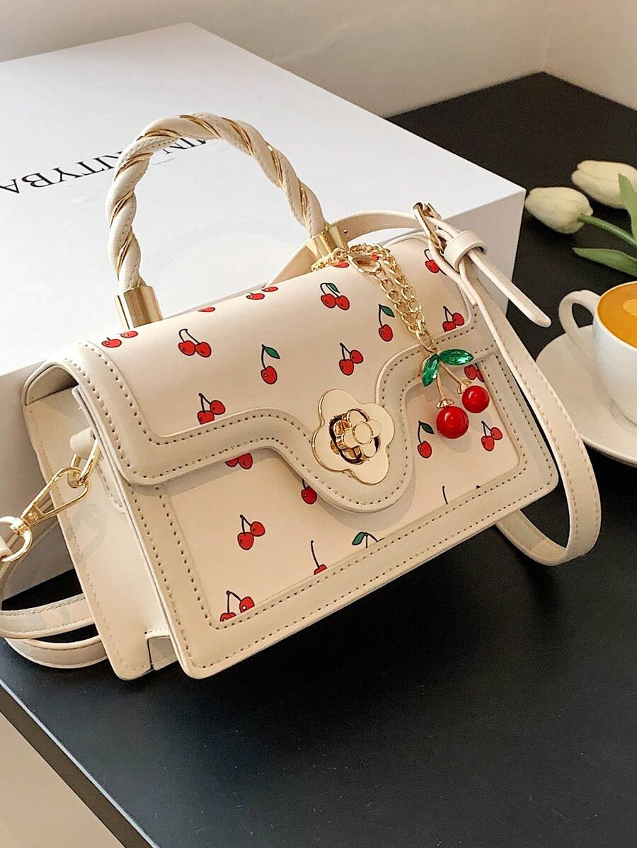 Fashionable High-End Pu Tote Bag With Versatile Square Shape And Cute Cherry Print, Perfect For S... | SHEIN