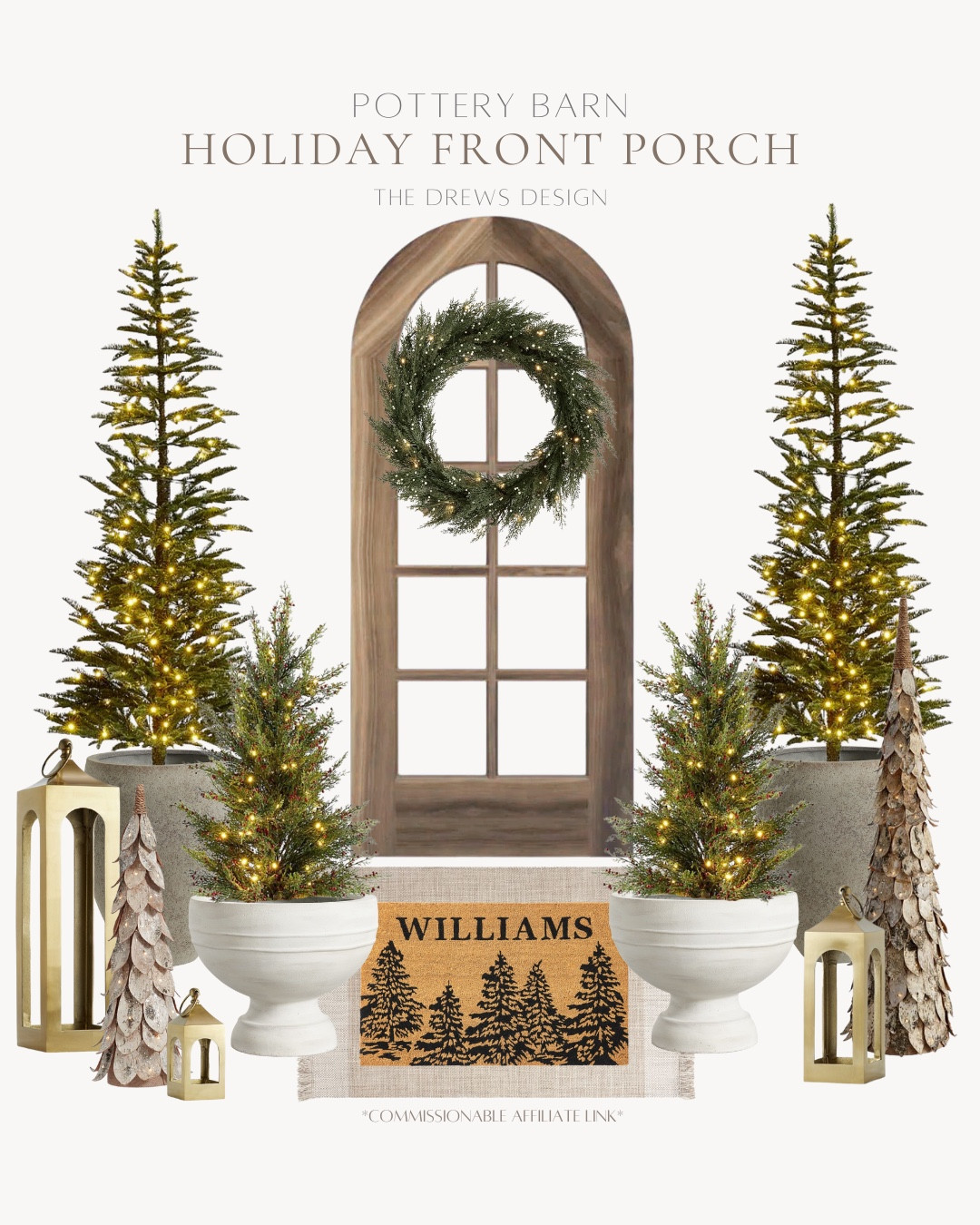 Pottery Barn outdoor holiday decor includes faux cedar trees, footed planter, planter, lanterns, lit birch trees, wreath, outdoor rug, and doormat.

Holiday front porch, holiday home, Christmas decor, Christmas home 

#LTKSeasonal #LTKHoliday #LTKHome