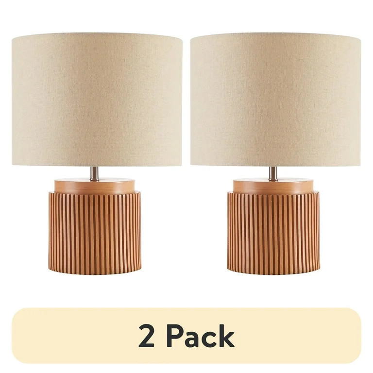 (2 pack) Beautiful 10.25" x 10.25" x 14" Brown Faux Ribbed Wood Table Lamp by Drew Barrymore | Walmart (US)