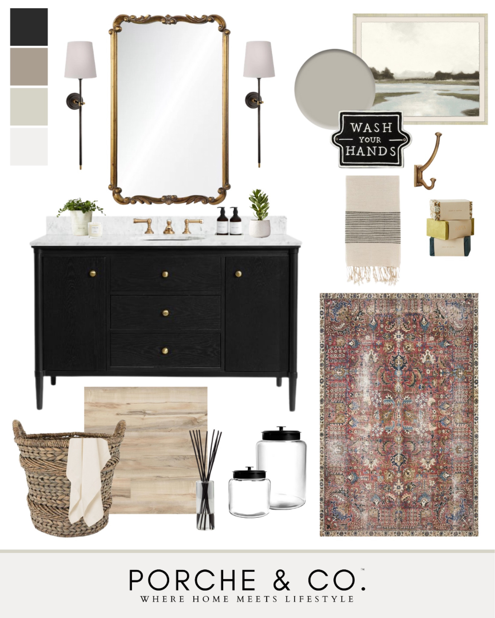 Bathroom mood board, bathroom design, bathroom decor, bathroom vanity, brass mirror, bathroom inspo #bathroom #moodboard 

#LTKhome #LTKSeasonal #LTKstyletip
