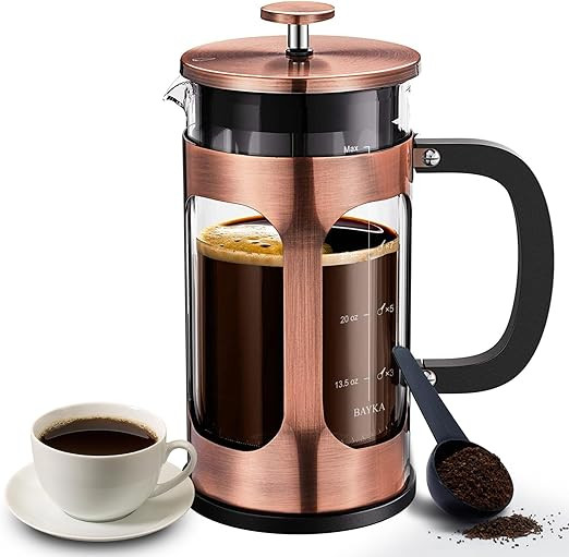 BAYKA French Press Coffee Maker, Glass Classic Copper 304 Stainless Steel Coffee Press, Cold Brew... | Amazon (US)