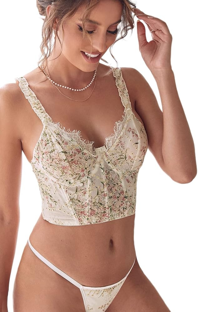 Floerns Women's Floral Embroidery Contrast Lace Trim Bustier Corset Cami Crop Tank Tops | Amazon (US)