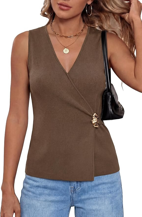 Arach&Cloz Women's Sweater Vest Wrap V Neck Sleeveless Tops Trendy | Amazon (US)