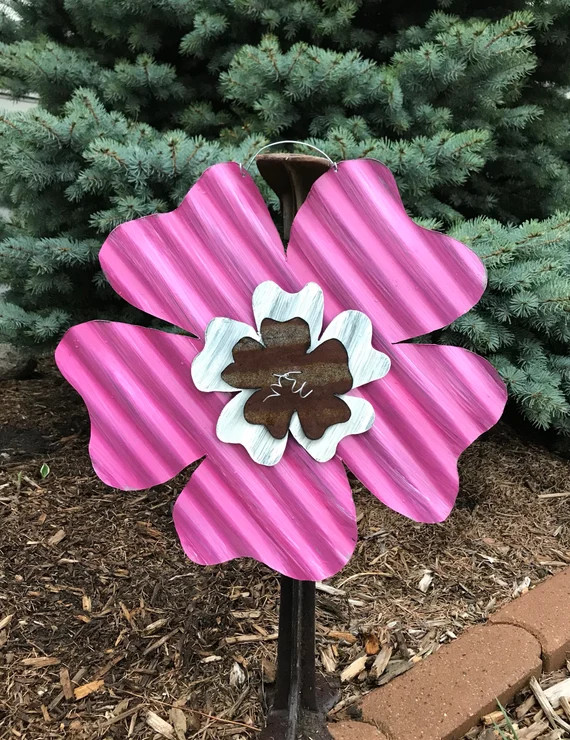 corrugated tin flower / tin dogwood flower / handpainted tin flower / rustic tin garden decor | Etsy (US)