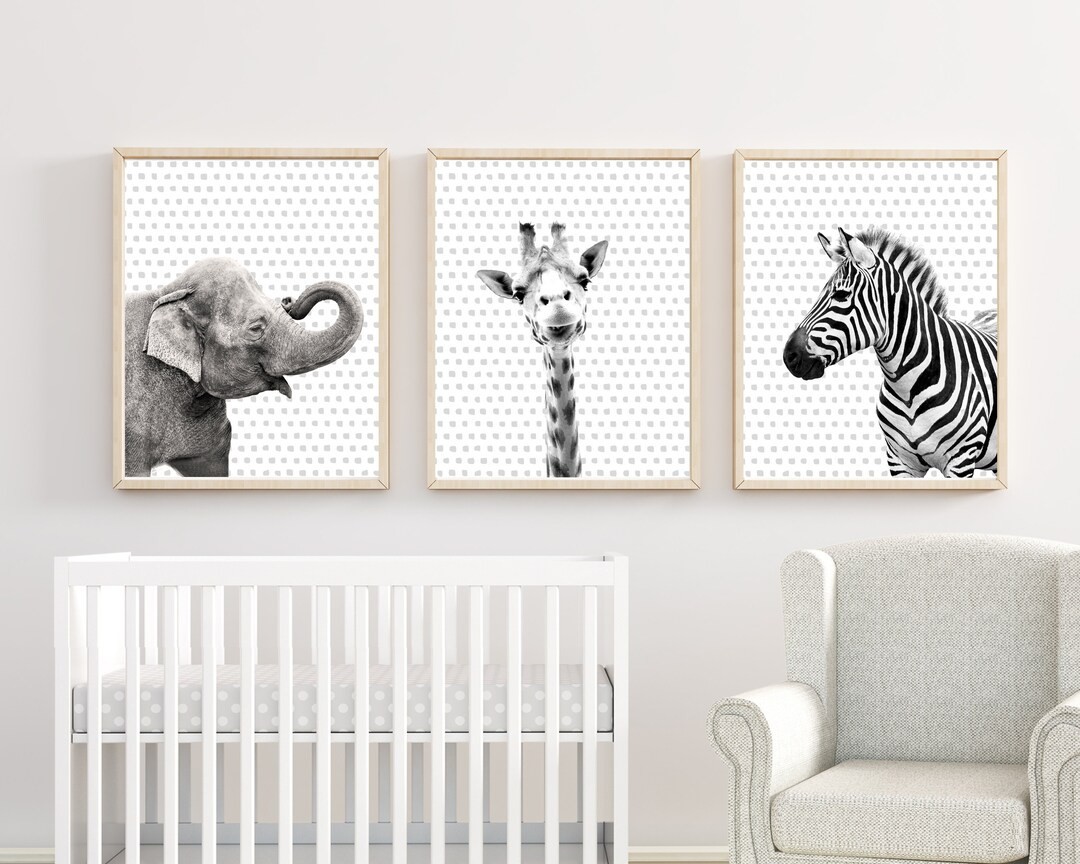 Black and White Safari Animals, Nursery Art Print Set, black and white animal art, Zebra, Elephan... | Etsy (US)