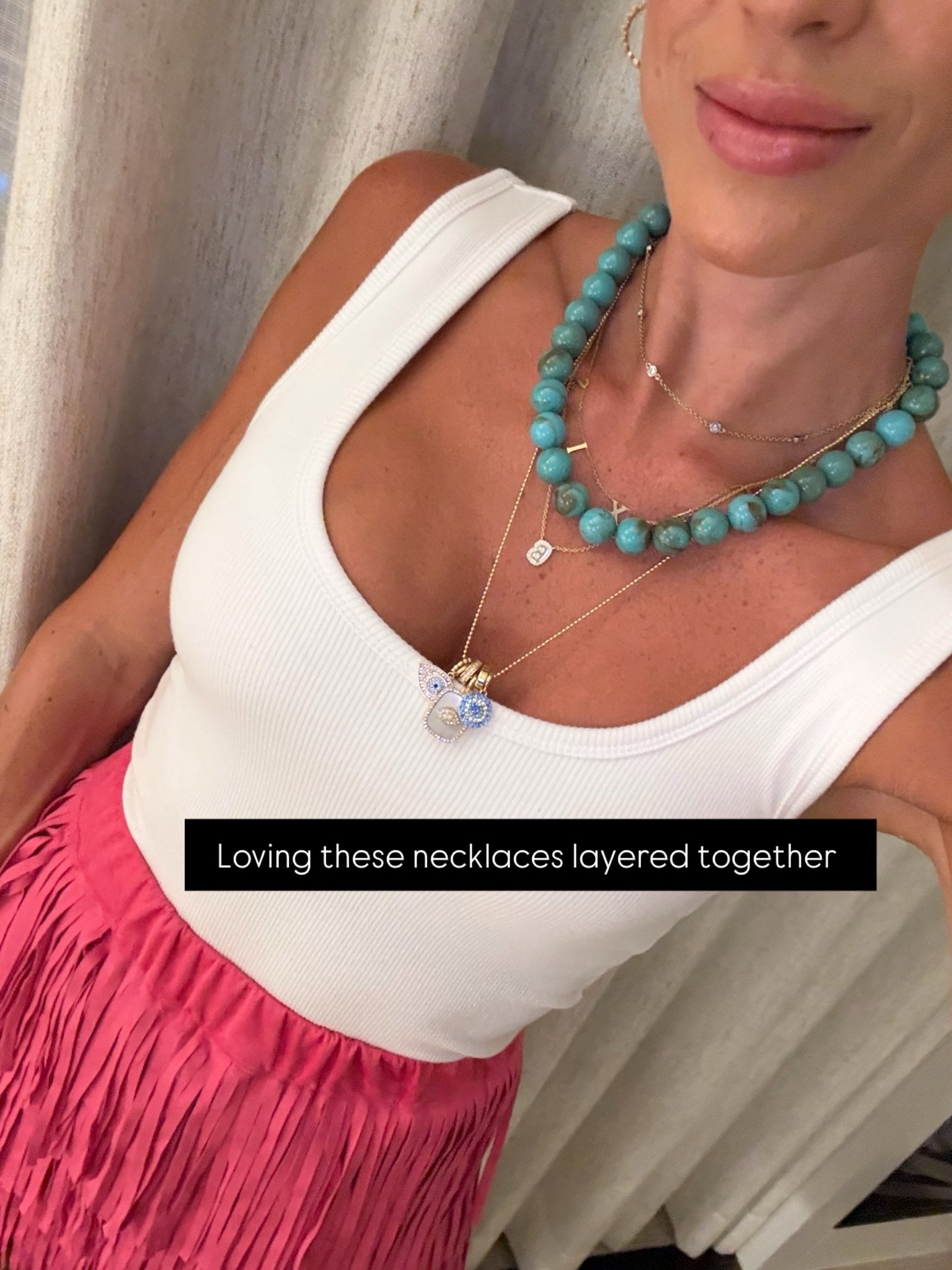 My favorite layer necklace is currently I love this turquoise beaded one with this evil eye charm one it’s such a cute combo in this tank has a built-in bra

#LTKPetite #LTKSaleAlert #LTKSeasonal
