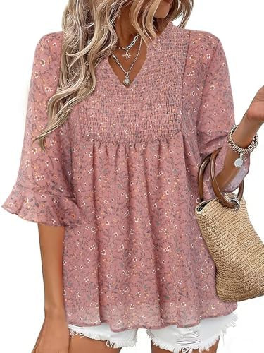 Bulotus Women Blouses Dressy Casual 3/4 Sleeve V Neck Floral Chiffon Tunic Tops Ruffle Shirts 202... | Amazon (US)