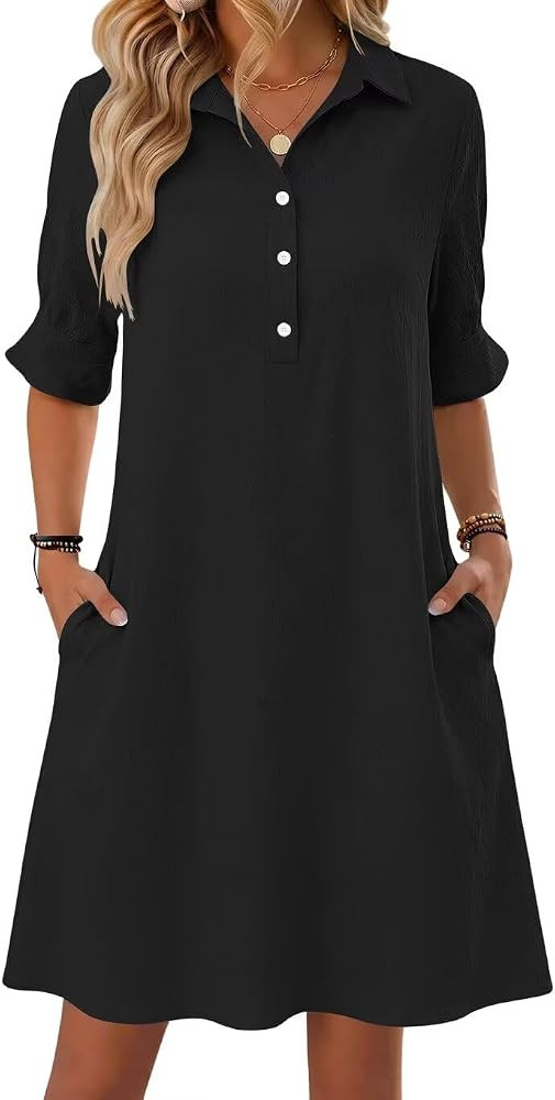 Womens Casual Dress V Neck Short Sleeve Shift Dresses with Pockets | Amazon (US)