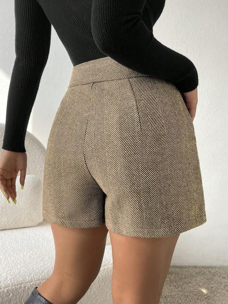 Aalyst Button Fly Herringbone Print Slant Pocket Shorts | SHEIN