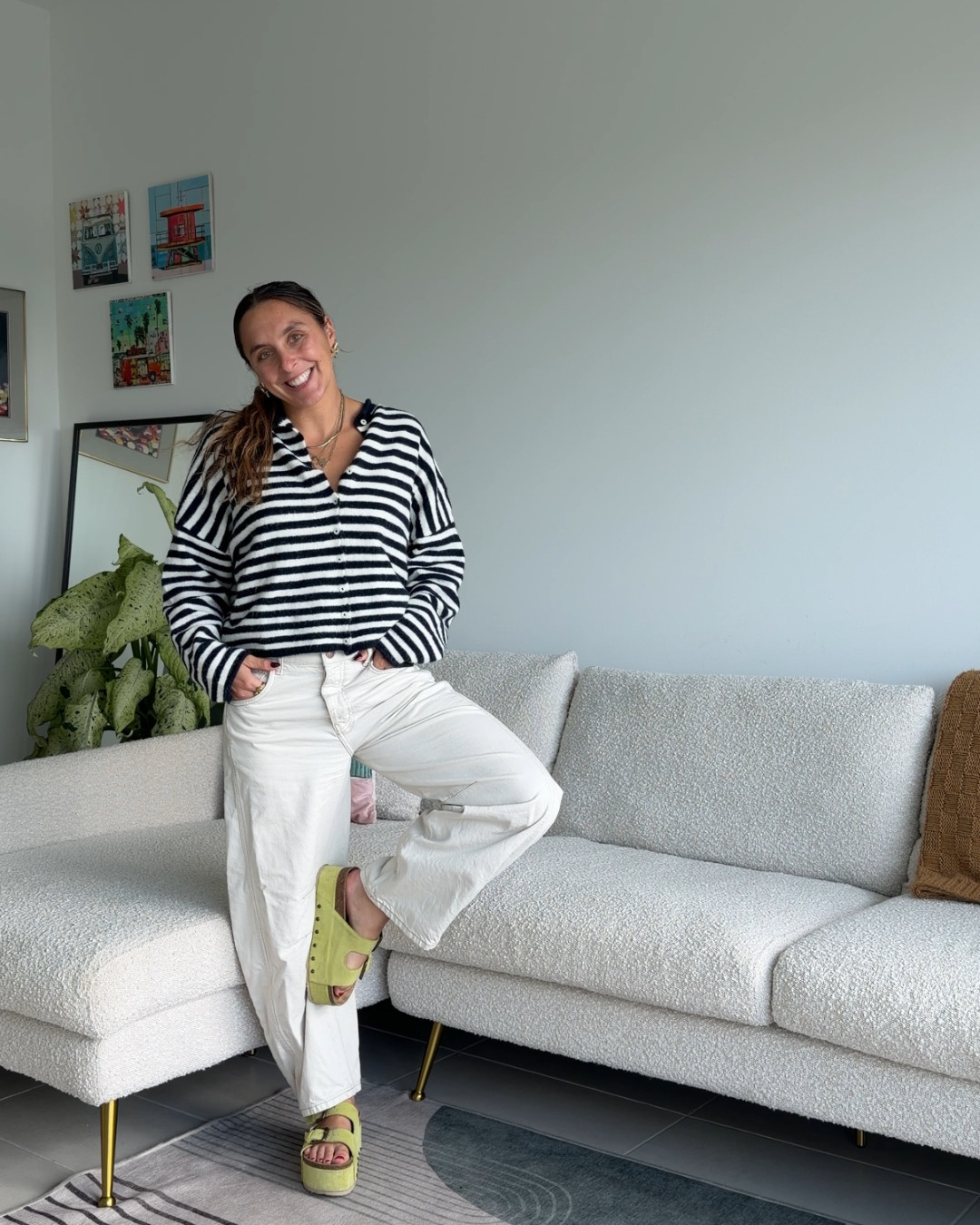 Work from home outfit with cute white barrel jeans and green platform shoes! 

#workfromhome #whitepants 

 