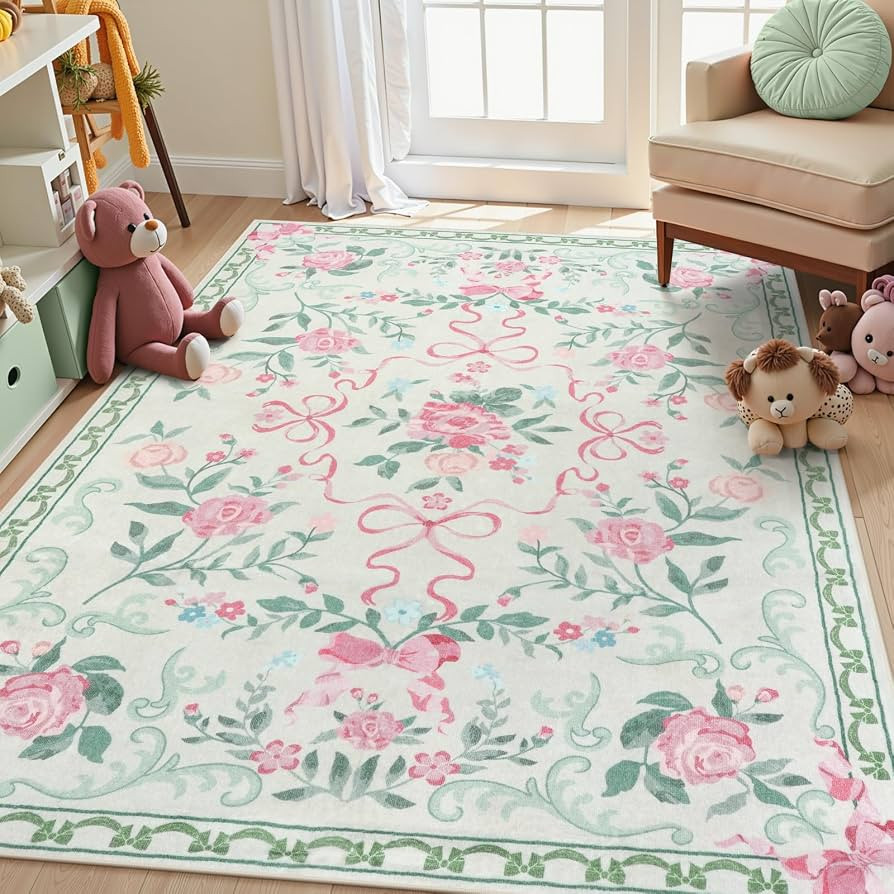 5x7 Green Floral and Bow Washable Nursery Rug for Girls Bedroom | Amazon (US)