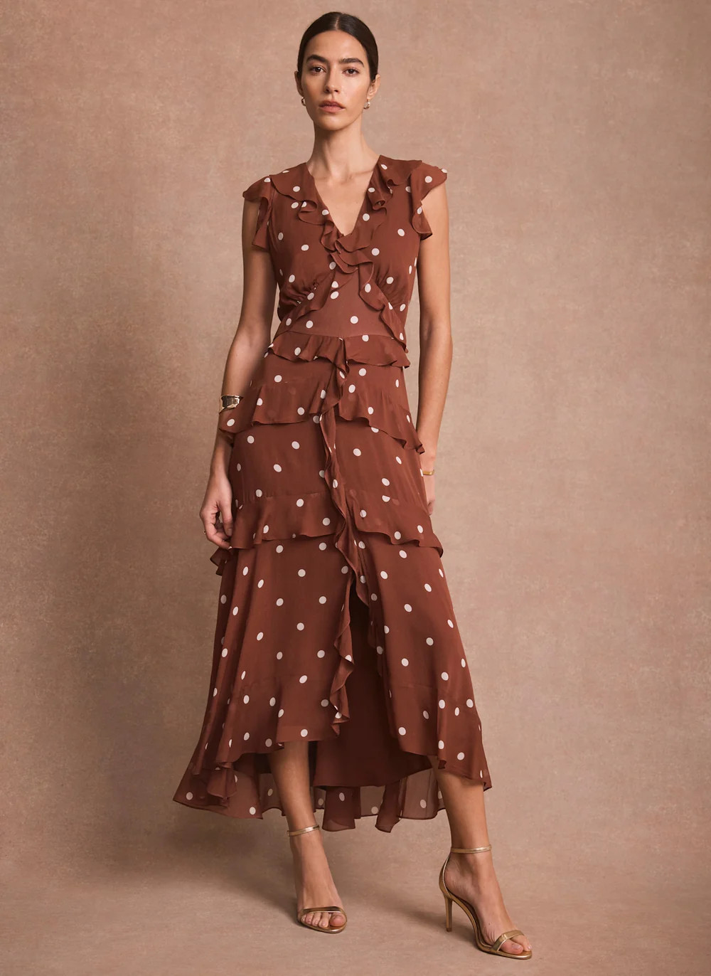 Brown Polka Dot Print Ruffle Midi Dress | Mint Velvet