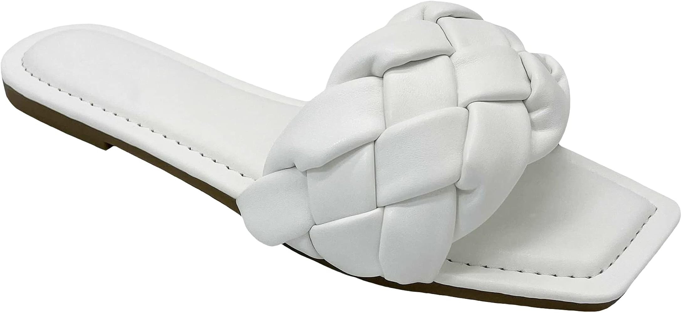 New Women's Braided Quilted Single Band Strap Flat Square Toe Open Slide Sandal | Amazon (US)