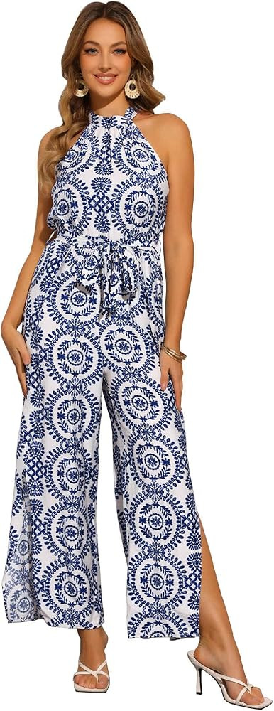 Allegra K Casual Sleeveless Jumpsuit for Women's Boho Pattern Tie Halter Neck Beach Slit Wide Leg... | Amazon (US)